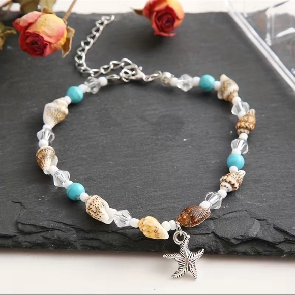 Starfish Pendant Beaded Anklet With Shells| Beads Boho Style Summer Beach Gift - Picture 2 of 5